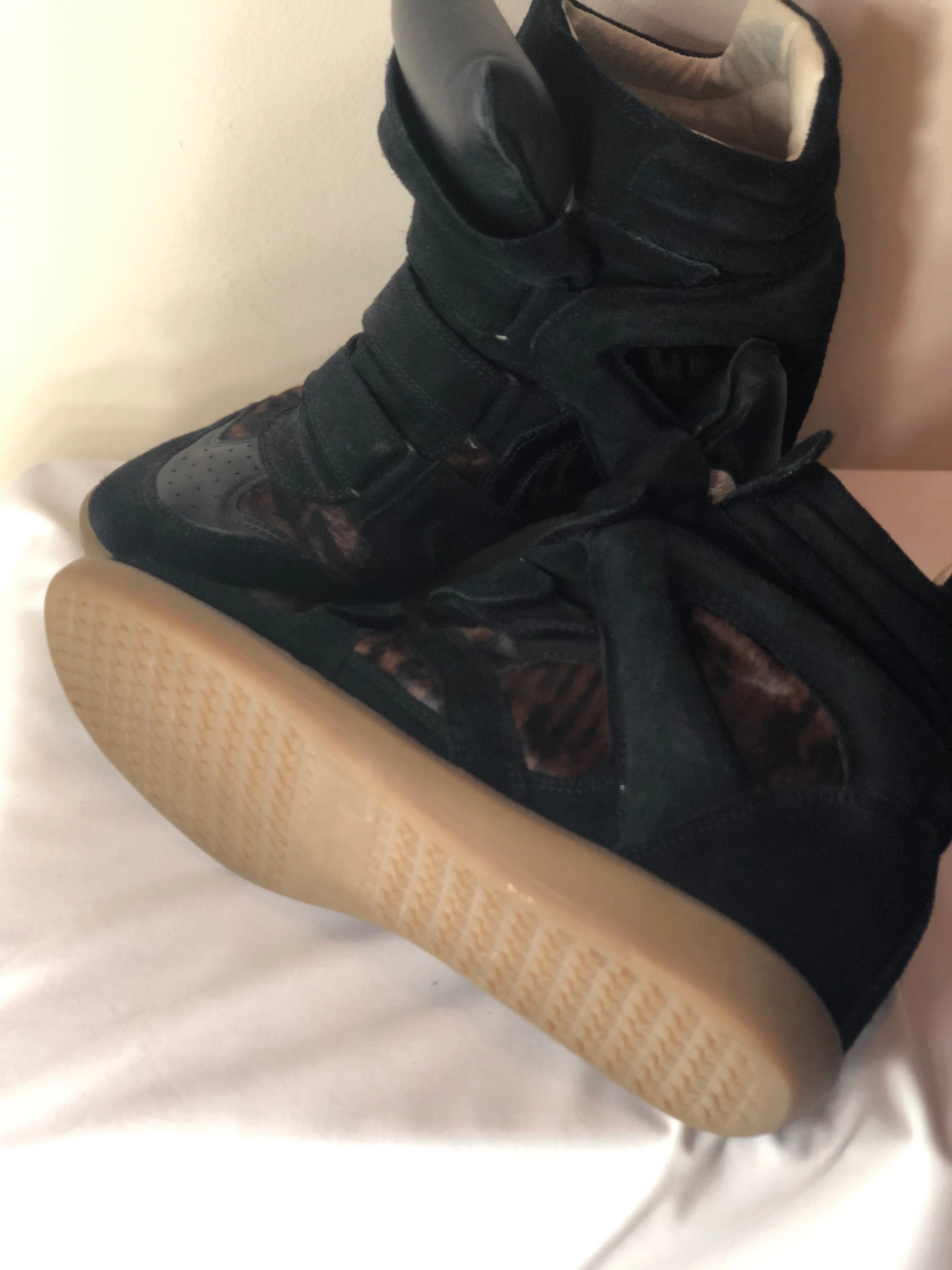 Isabel Marant Black Suede and Tiger Striped Pony Hair Bekett Over Basket Sneaker Wedges
