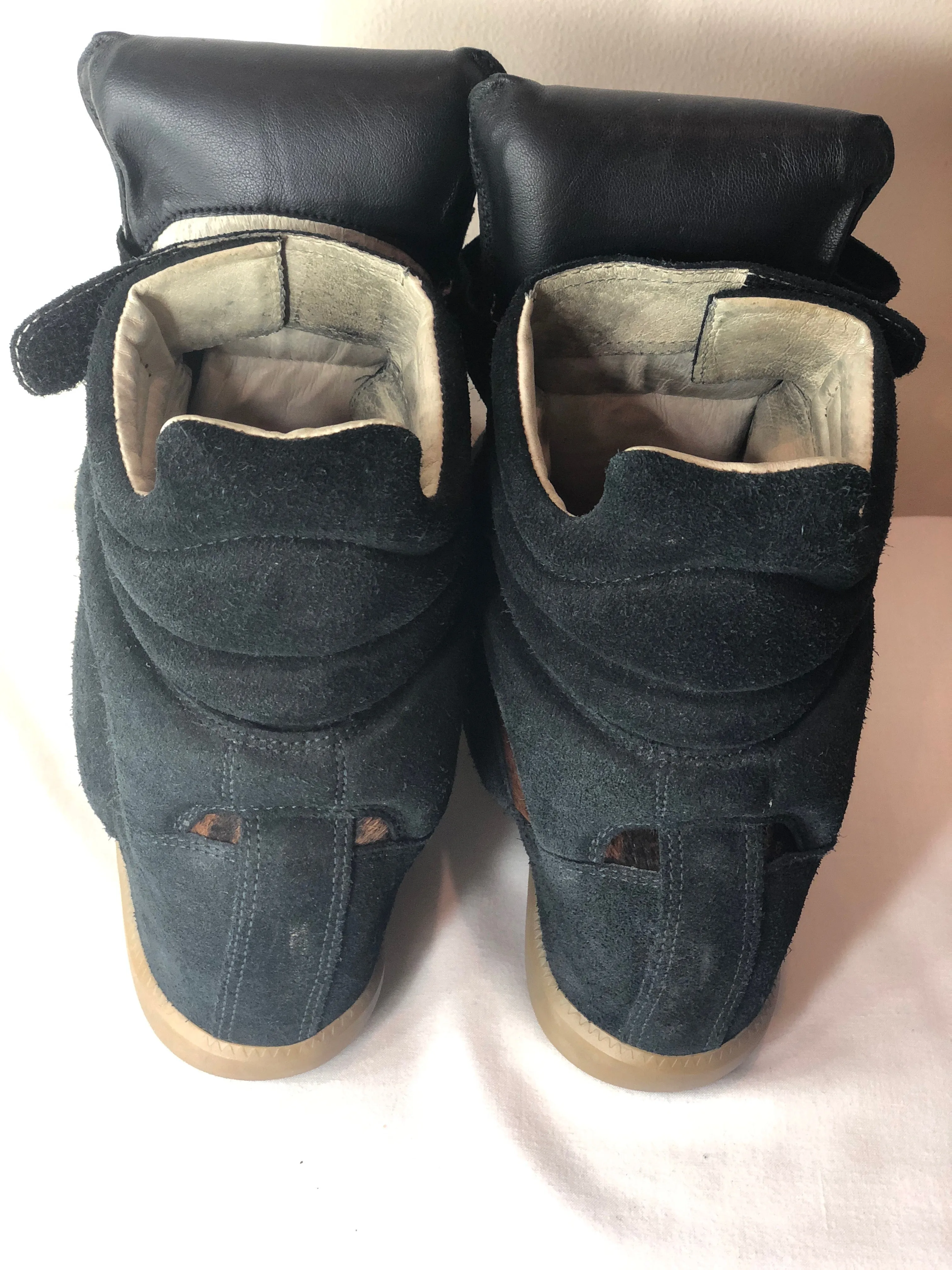Isabel Marant Black Suede and Tiger Striped Pony Hair Bekett Over Basket Sneaker Wedges