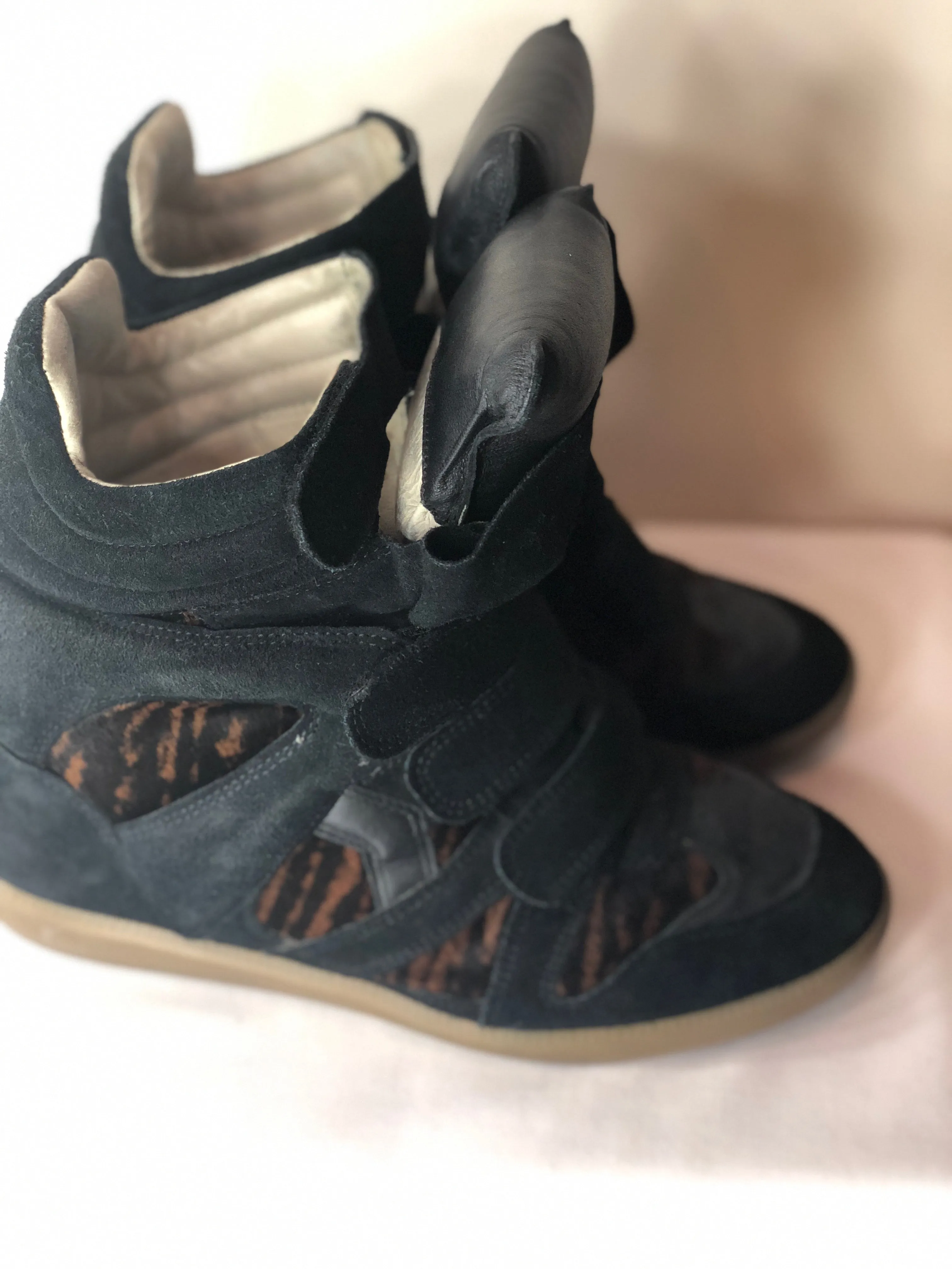 Isabel Marant Black Suede and Tiger Striped Pony Hair Bekett Over Basket Sneaker Wedges