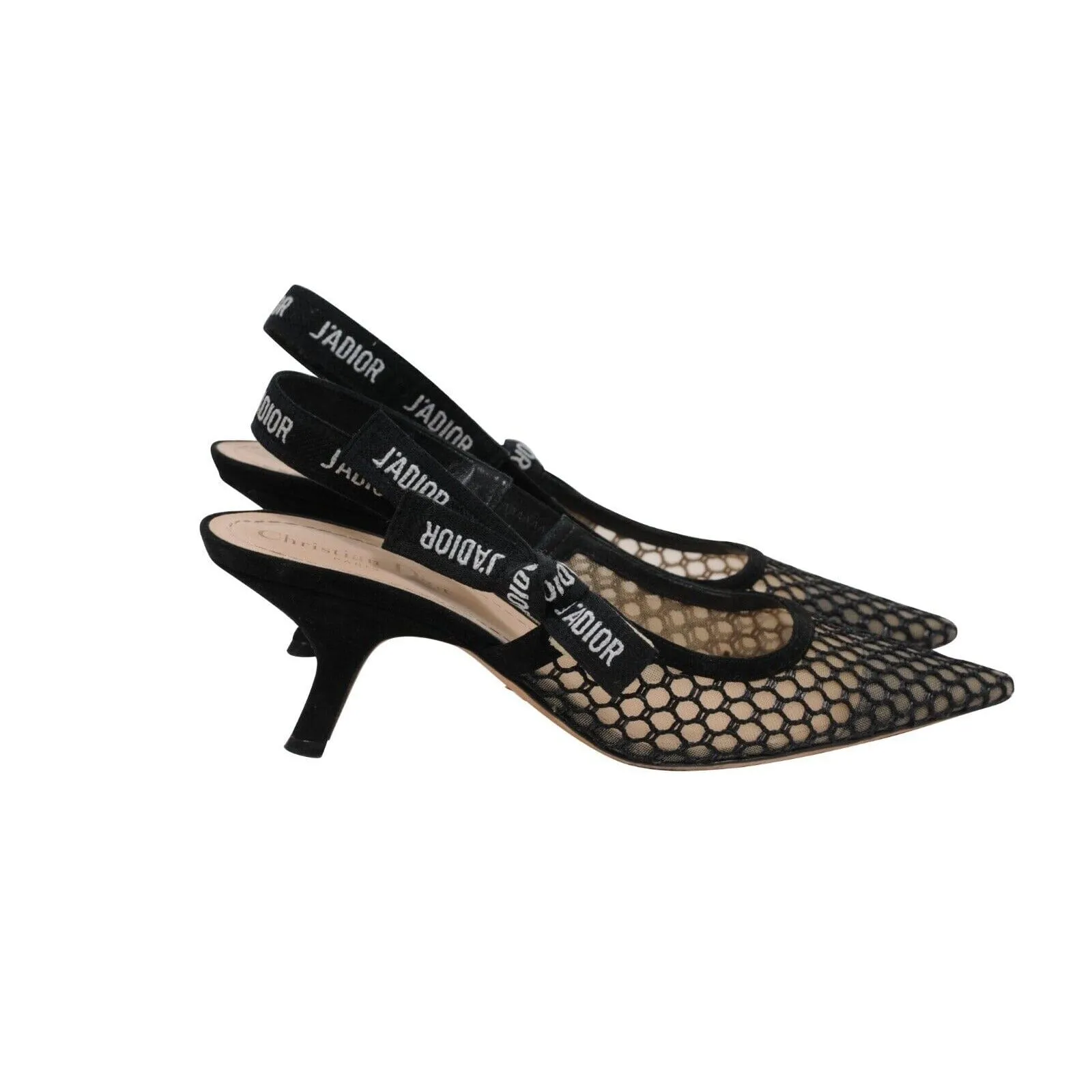 J'ADior Slingback Pumps Black Mesh Logo Kitten Heels