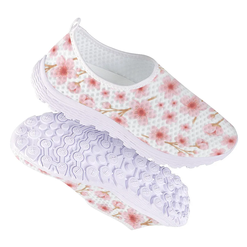 Japanese Pink Flowers White Non-Slip Sneakers Lightweight