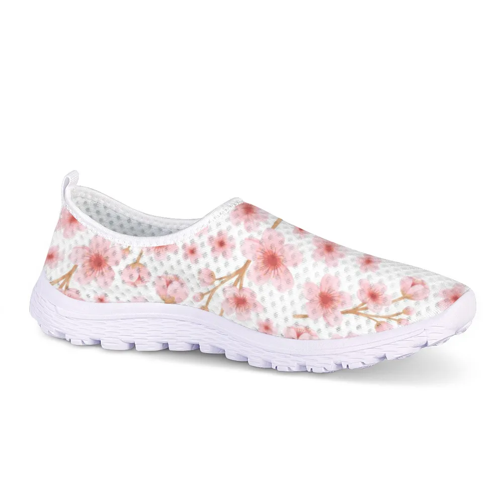 Japanese Pink Flowers White Non-Slip Sneakers Lightweight