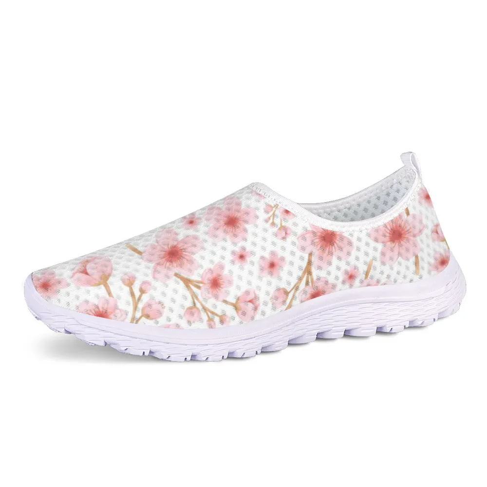 Japanese Pink Flowers White Non-Slip Sneakers Lightweight