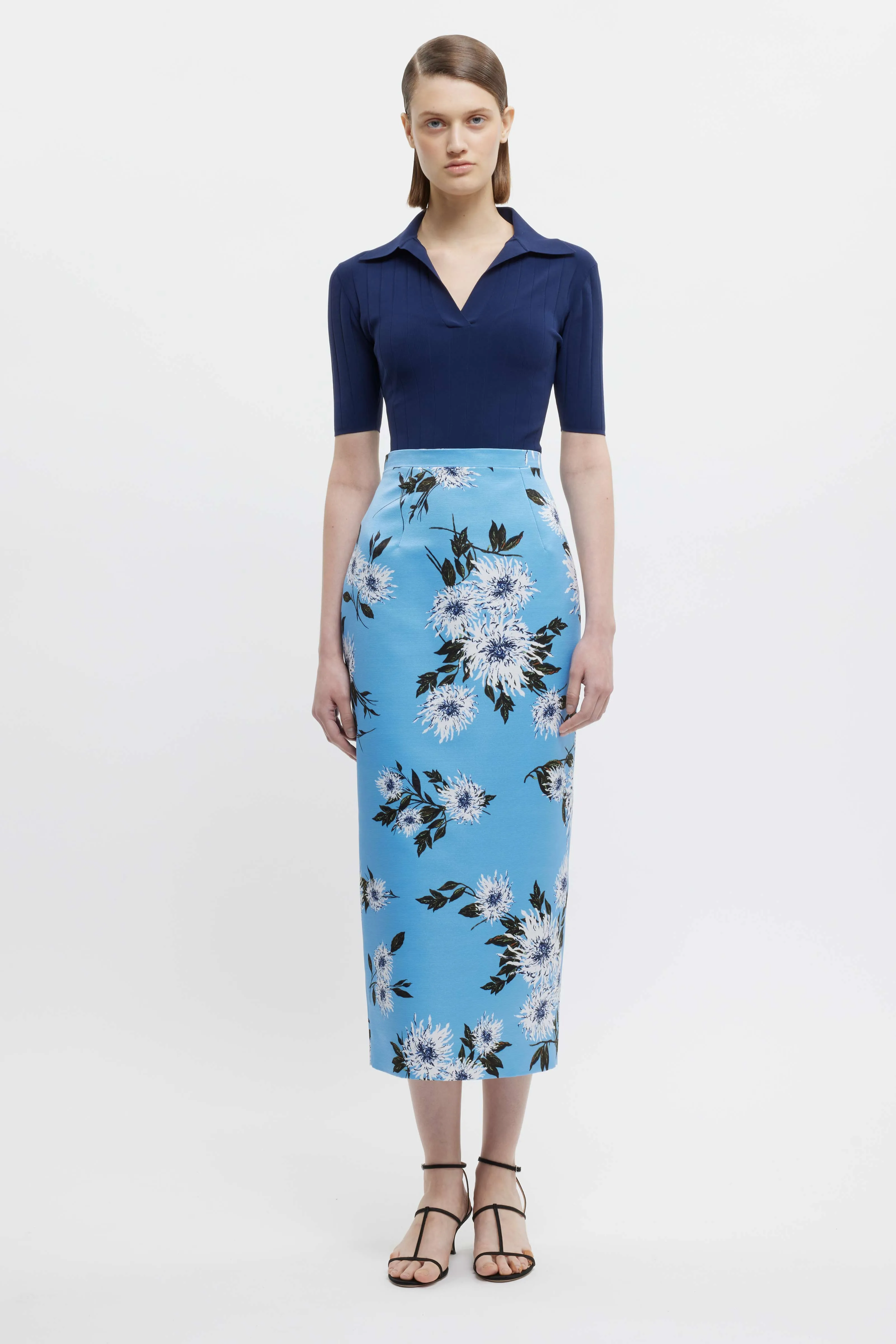 Lorelei Skirt In Blue Dahlia Floral Print Taffeta Faille