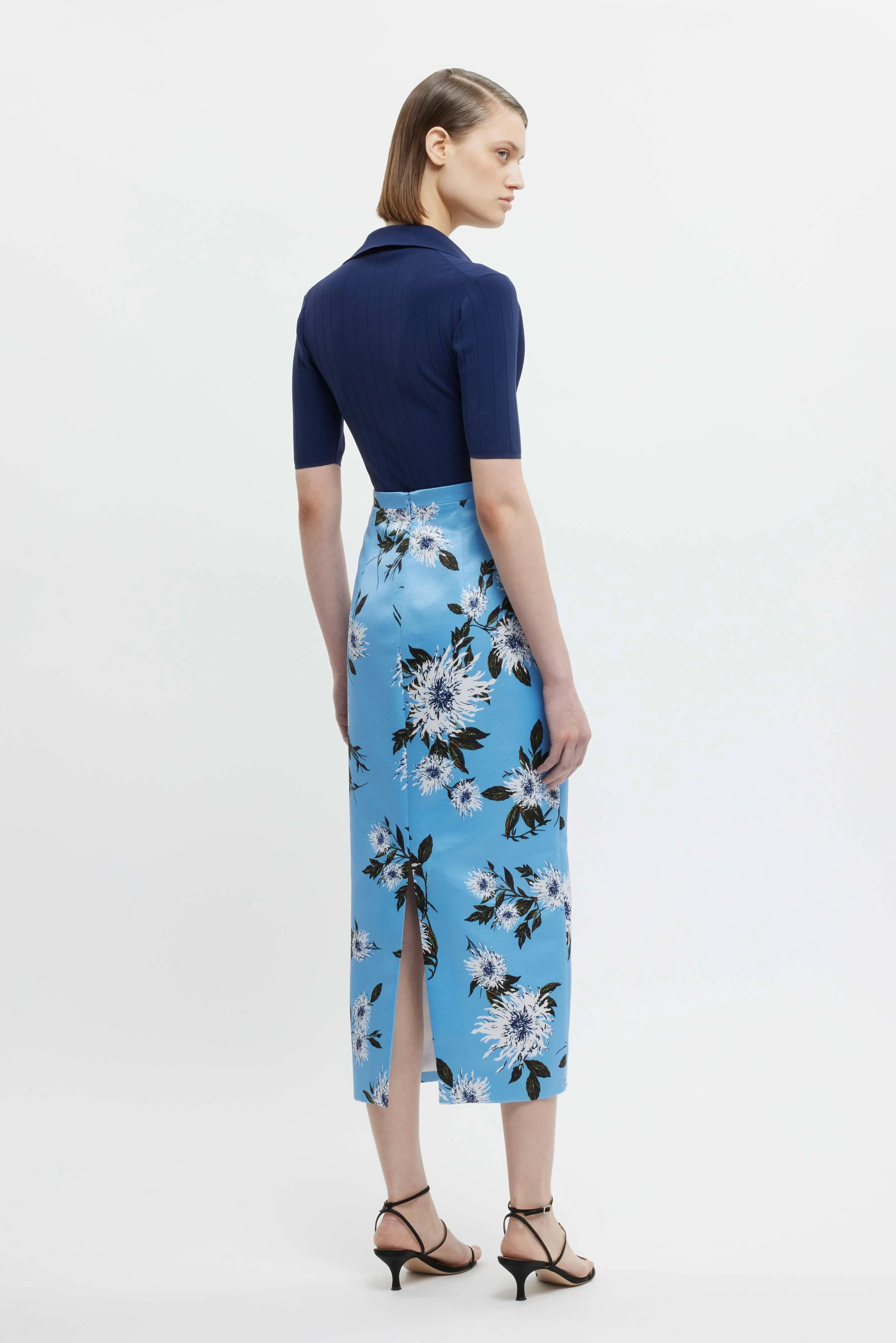 Lorelei Skirt In Blue Dahlia Floral Print Taffeta Faille
