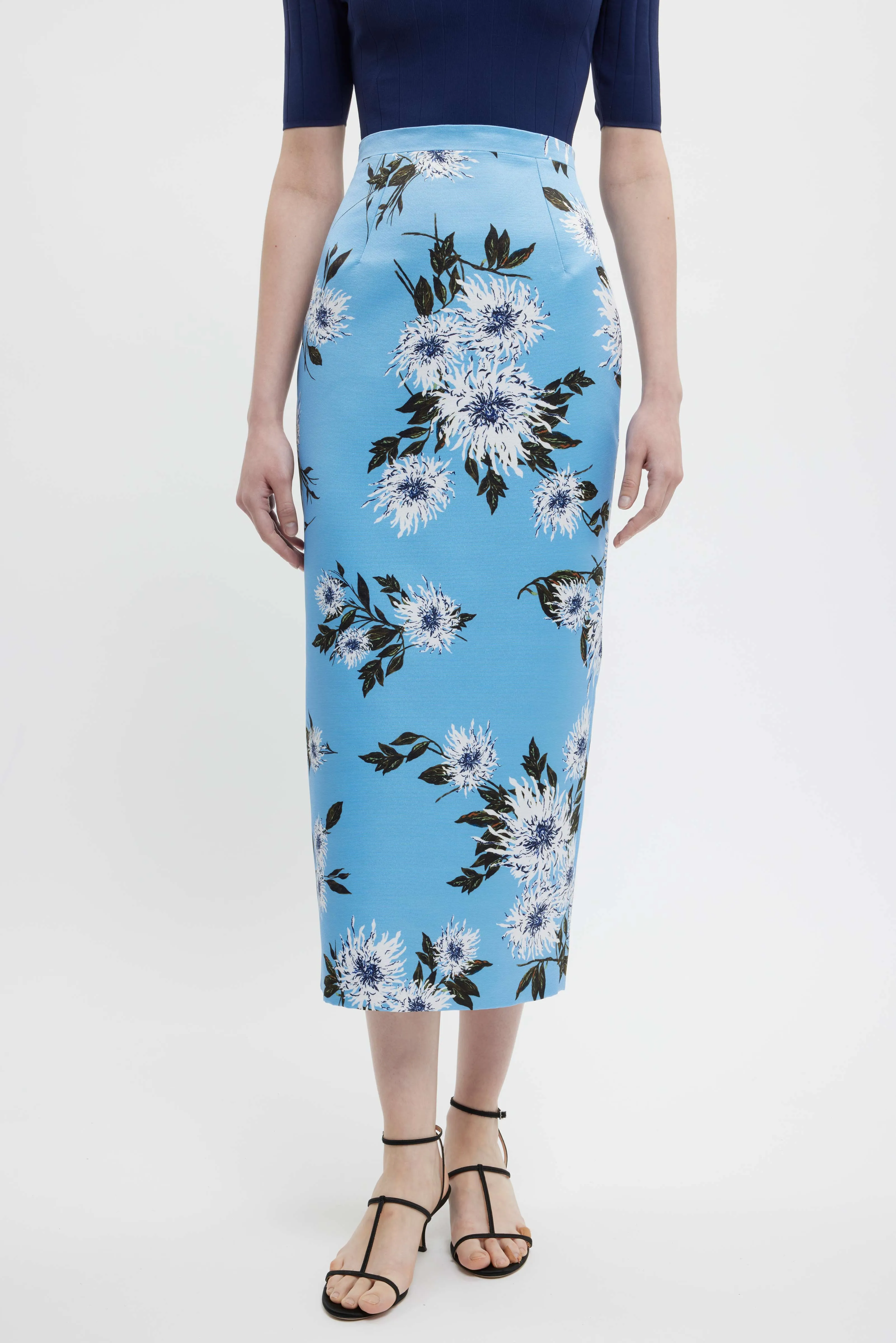 Lorelei Skirt In Blue Dahlia Floral Print Taffeta Faille
