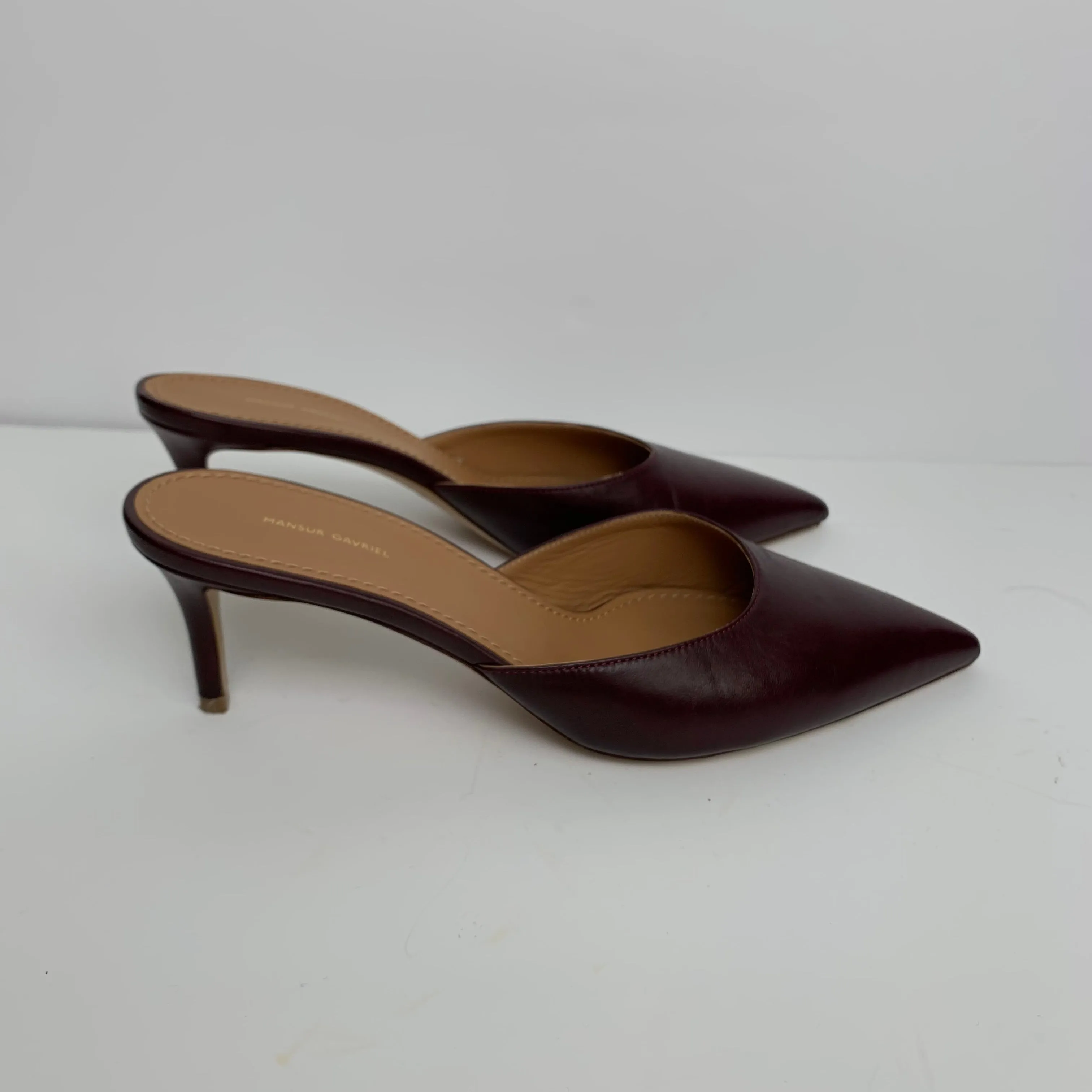 Mansur Gavriel Slipper Heel Cabernet Burgundy Pointed Toe Mules Kitten Heels Size 37 1/2