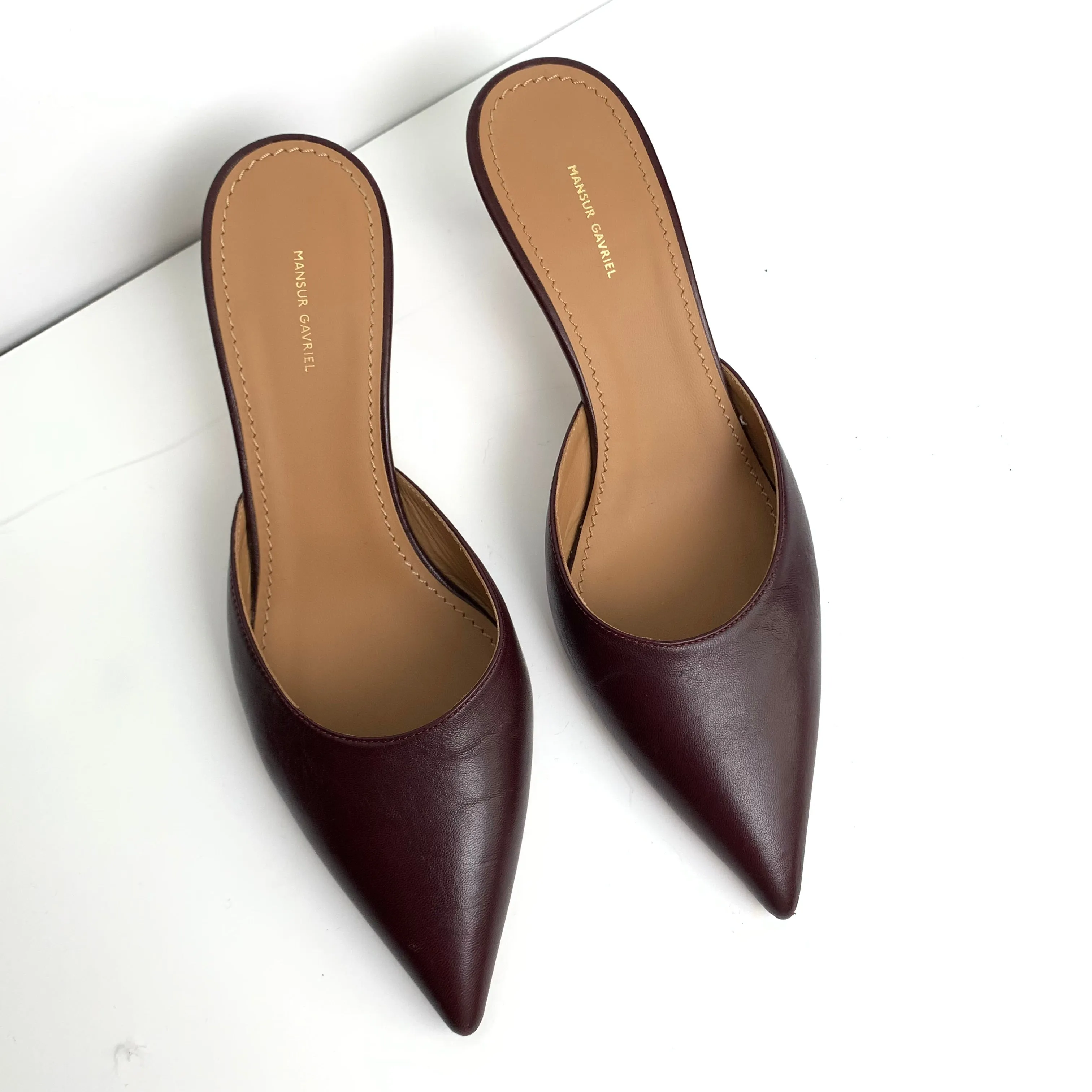 Mansur Gavriel Slipper Heel Cabernet Burgundy Pointed Toe Mules Kitten Heels Size 37 1/2