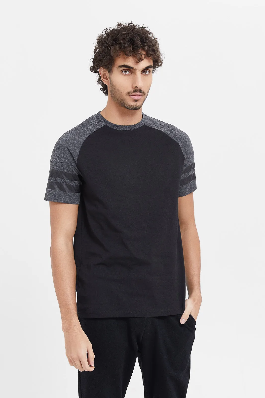 Men Black And Charcoal Sleeve Reglan T-Shirt