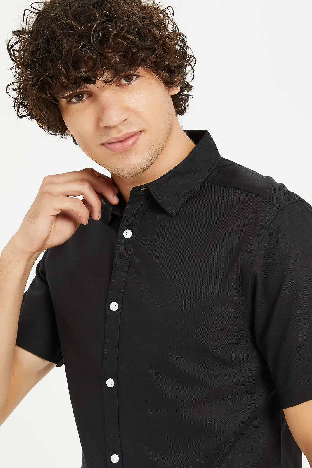 Men Black Short Sleeve Oxford Shirt