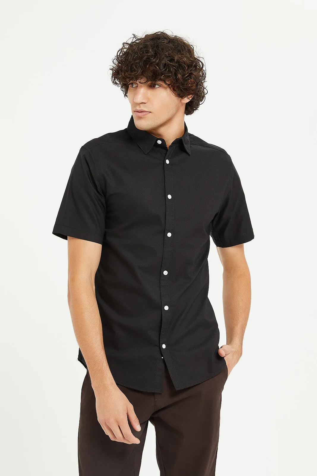 Men Black Short Sleeve Oxford Shirt