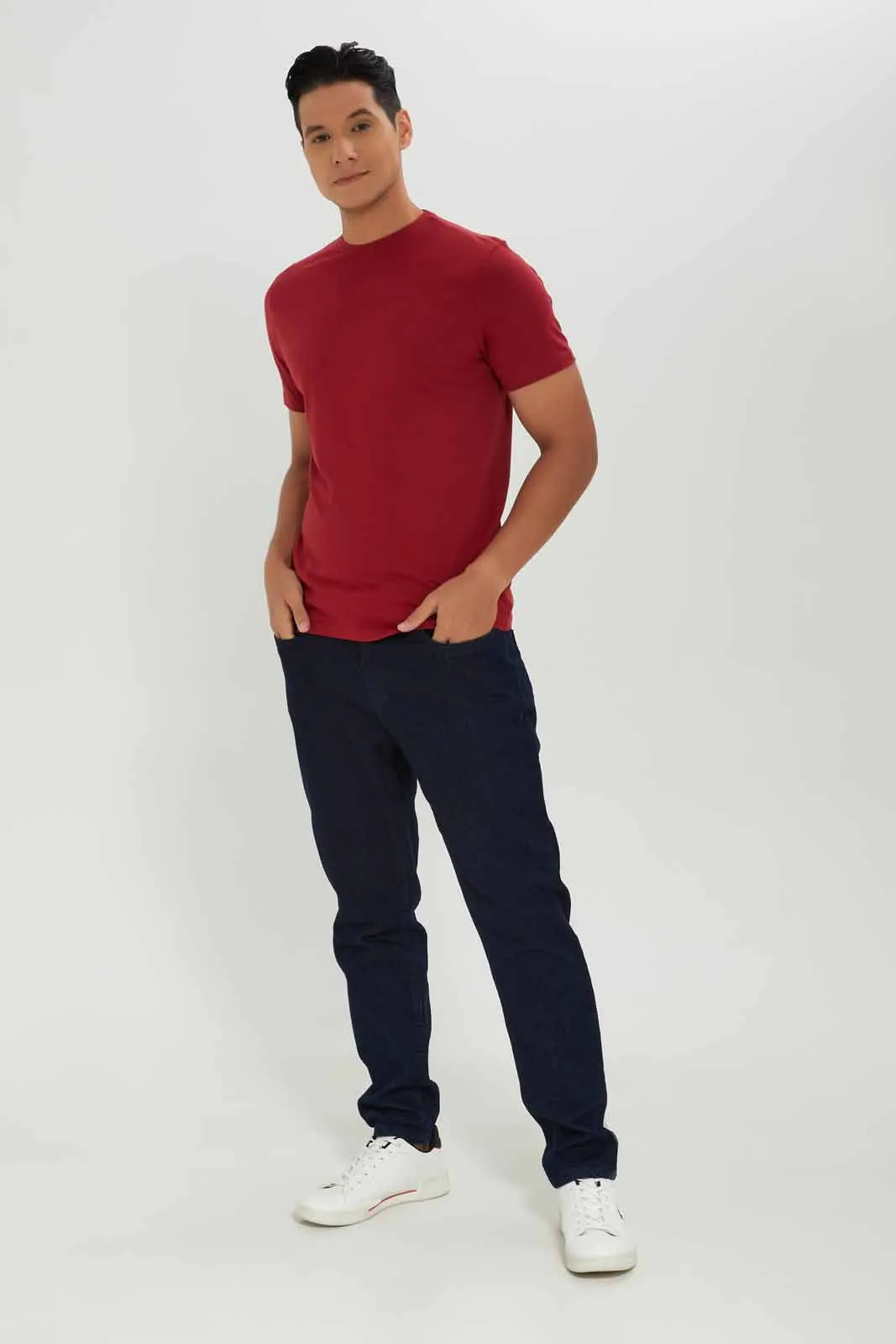 Men Burgundy Crew Neck T-Shirt