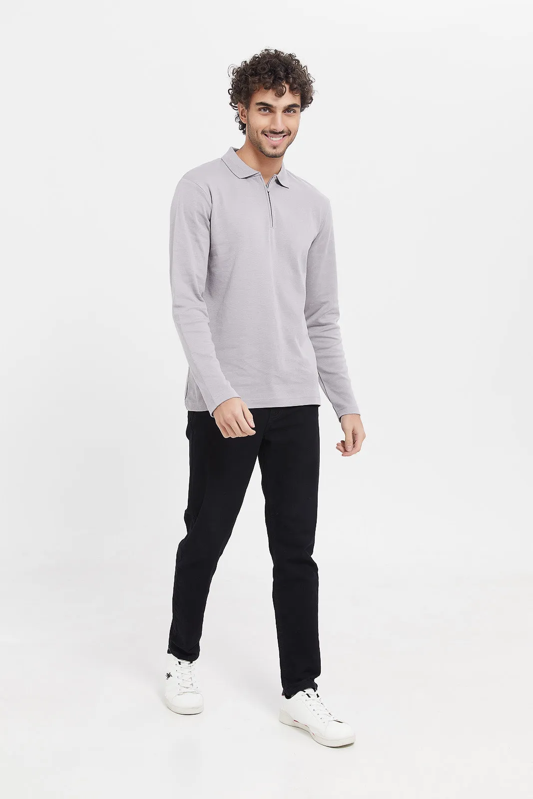 Men Grey Zip Placket Long Sleeve Polo Shirt