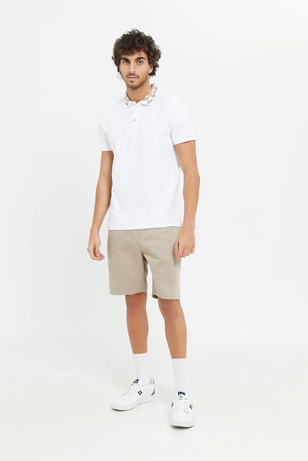 Men White Embellished Collar Polo Shirt
