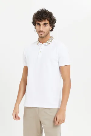 Men White Embellished Collar Polo Shirt
