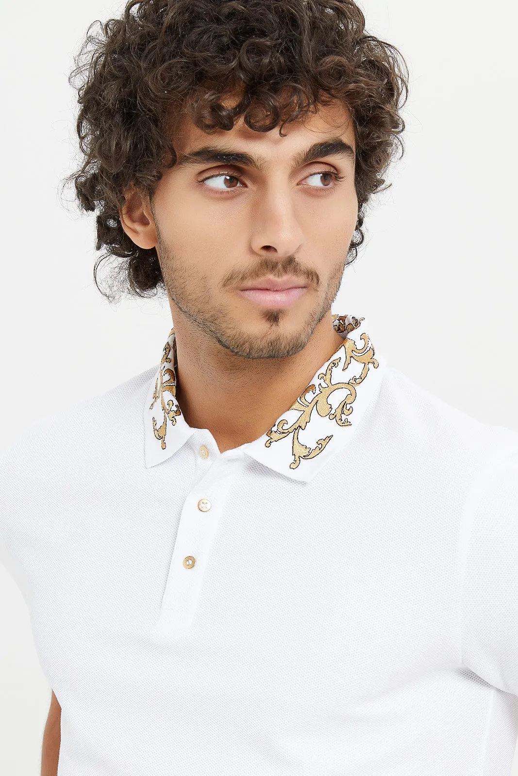Men White Embellished Collar Polo Shirt