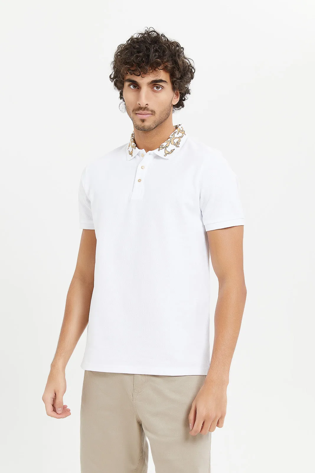 Men White Embellished Collar Polo Shirt