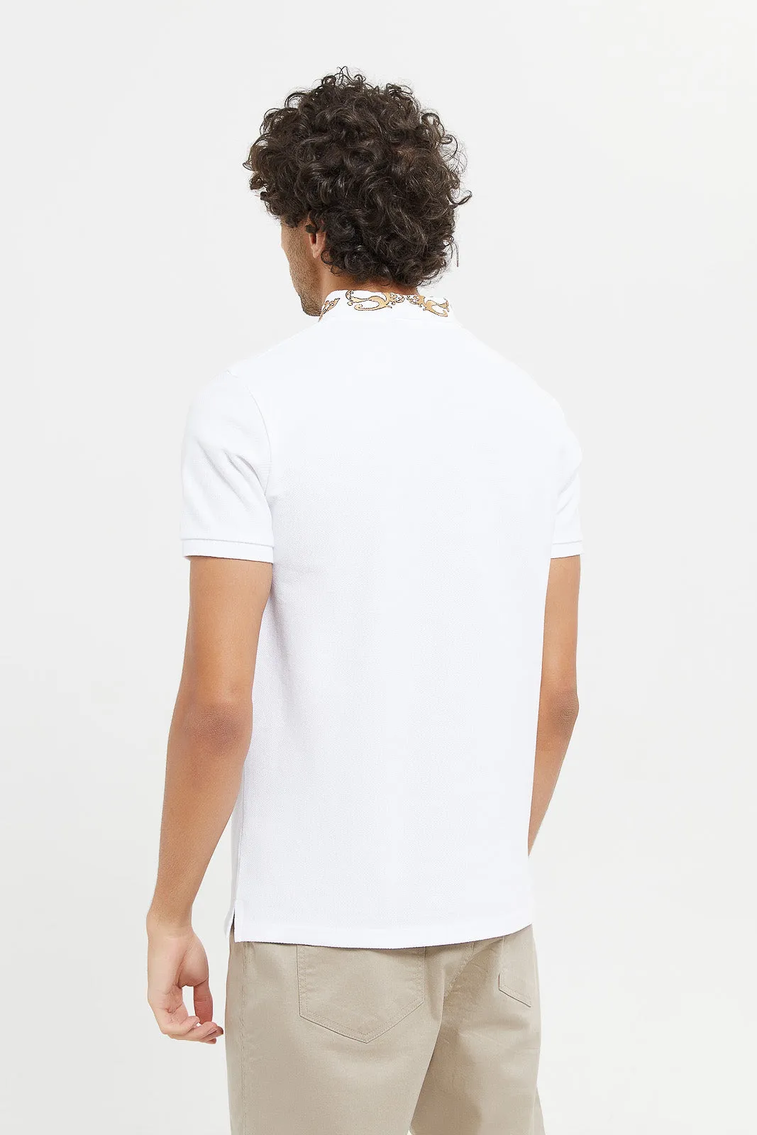 Men White Embellished Collar Polo Shirt