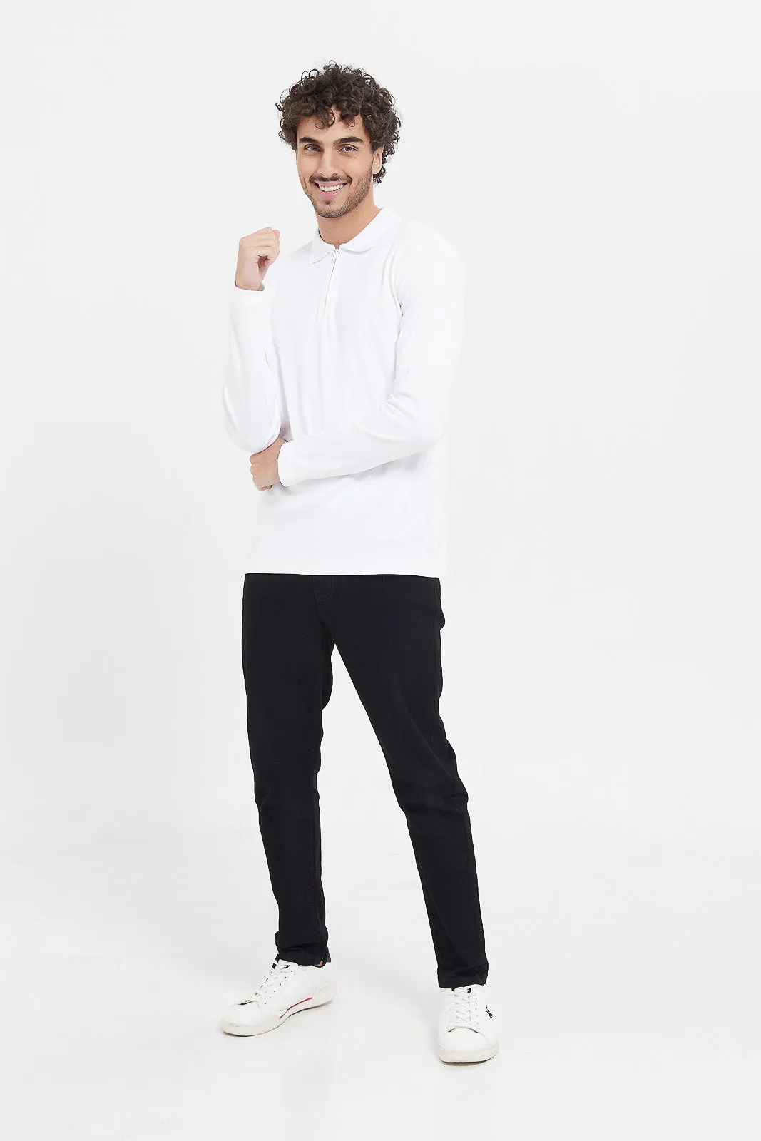 Men White Zip Placket Polo Shirt