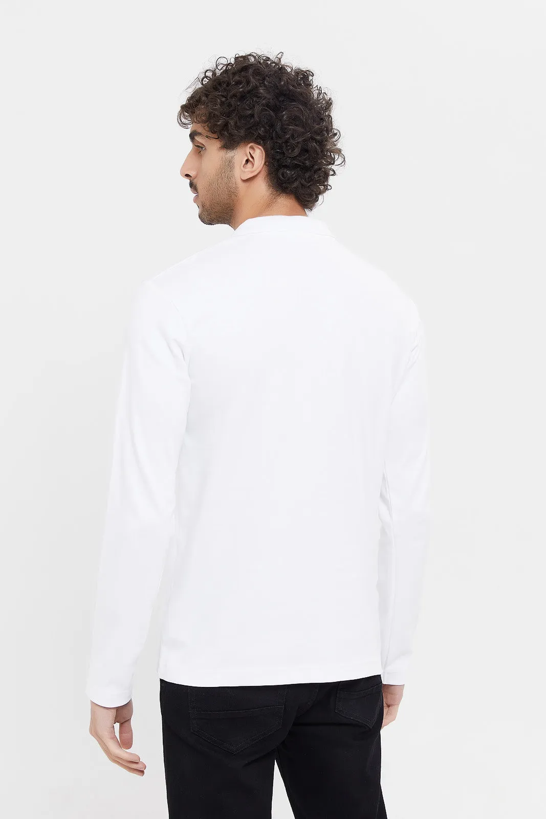 Men White Zip Placket Polo Shirt