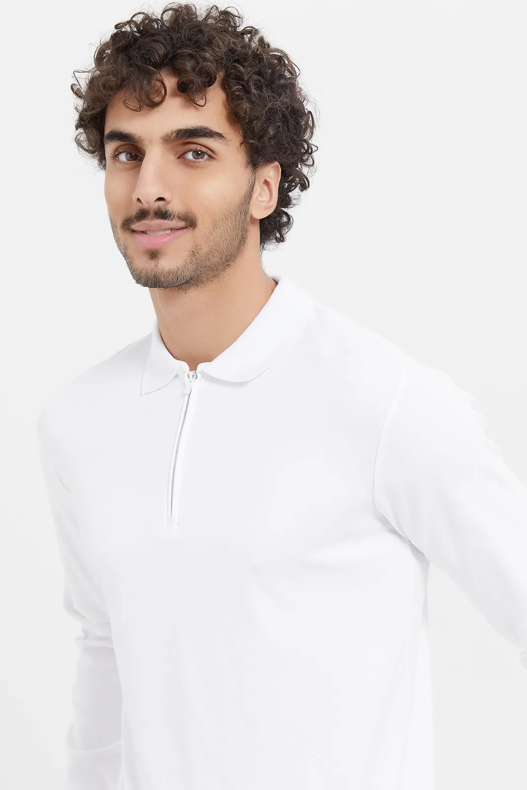 Men White Zip Placket Polo Shirt