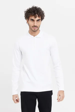 Men White Zip Placket Polo Shirt