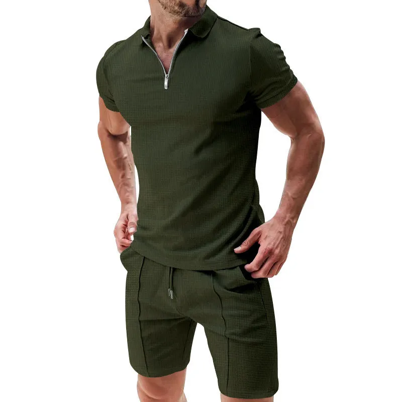 Men's Casual Waffle Suit: Zipper Lapel Short-Sleeved Top with Drawstring Shorts