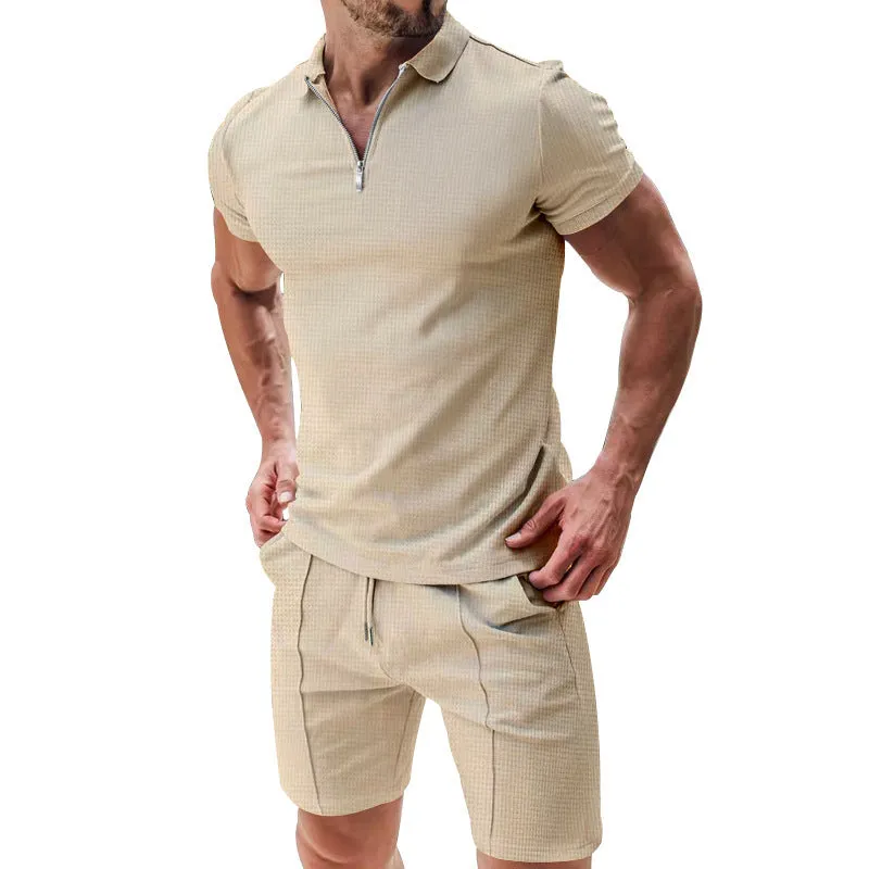 Men's Casual Waffle Suit: Zipper Lapel Short-Sleeved Top with Drawstring Shorts