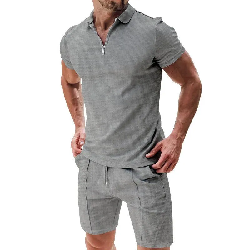 Men's Casual Waffle Suit: Zipper Lapel Short-Sleeved Top with Drawstring Shorts