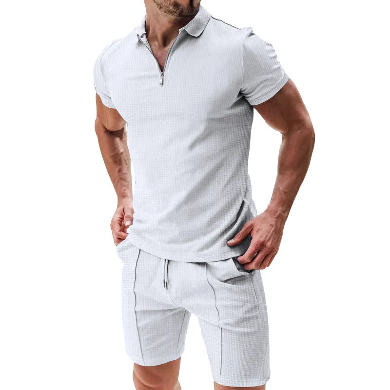 Men's Casual Waffle Suit: Zipper Lapel Short-Sleeved Top with Drawstring Shorts