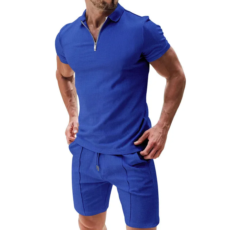 Men's Casual Waffle Suit: Zipper Lapel Short-Sleeved Top with Drawstring Shorts