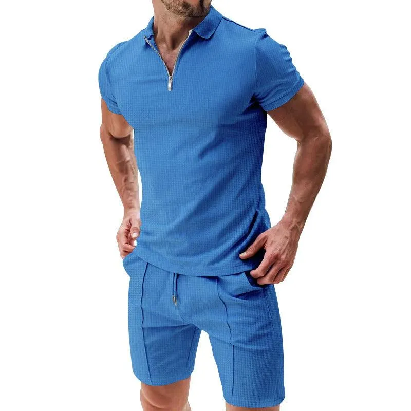 Men's Casual Waffle Suit: Zipper Lapel Short-Sleeved Top with Drawstring Shorts