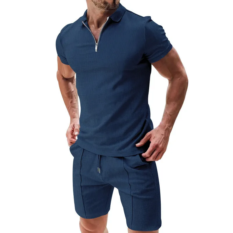 Men's Casual Waffle Suit: Zipper Lapel Short-Sleeved Top with Drawstring Shorts