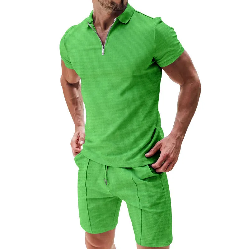 Men's Casual Waffle Suit: Zipper Lapel Short-Sleeved Top with Drawstring Shorts