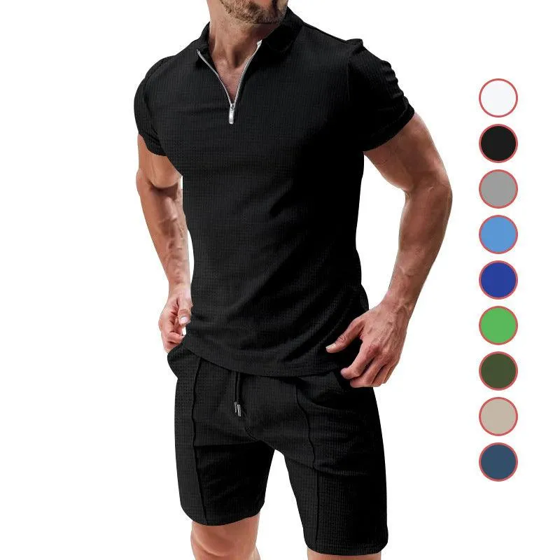 Men's Casual Waffle Suit: Zipper Lapel Short-Sleeved Top with Drawstring Shorts