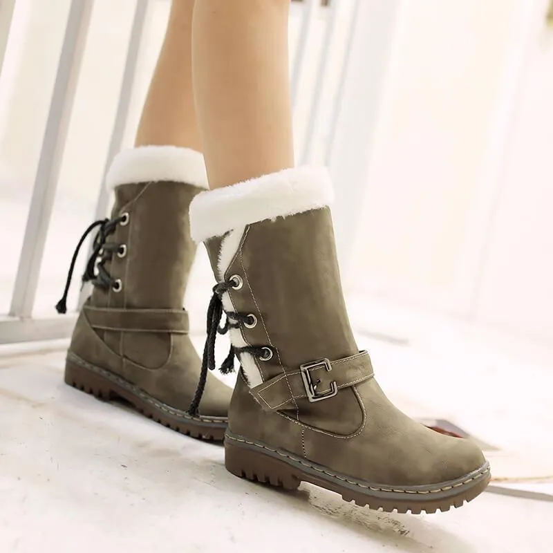 Mid Calf Lace-up Buckled Winter Snow Boots