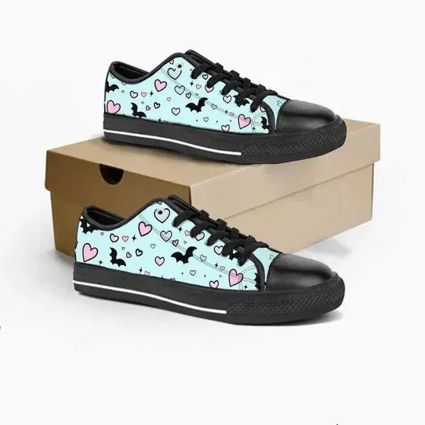 Pastel Goth Bat and Hearts Low Top Canvas Sneakers -In Lavender