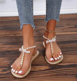 Pearl Toe Bow Flat Sandals