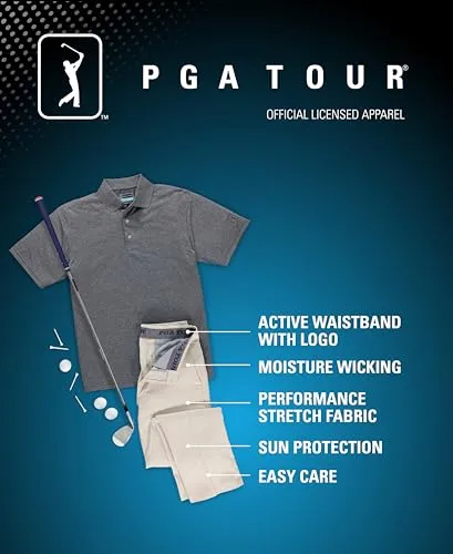 PGA Tour Men's Flat Front Active Waistband Golf Pant With A Classic Fit, Moisture-Wicking And Sun Protection (Sizes 30 - 54), Caviar, 34W x 29L
