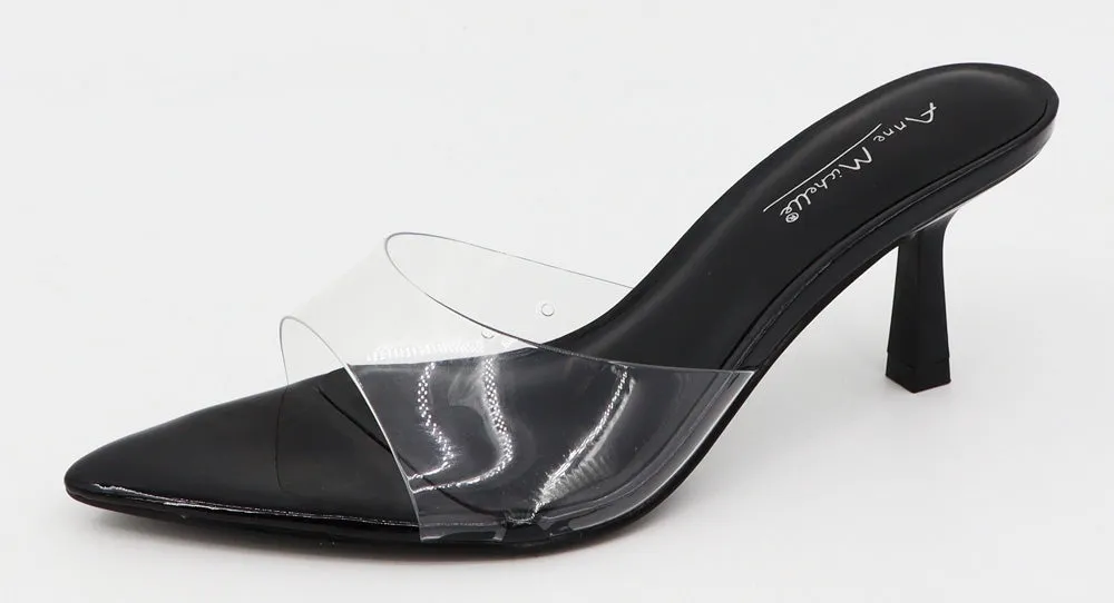 Ruby Pointed Toe Clear Kitten Slides, Black and Tan