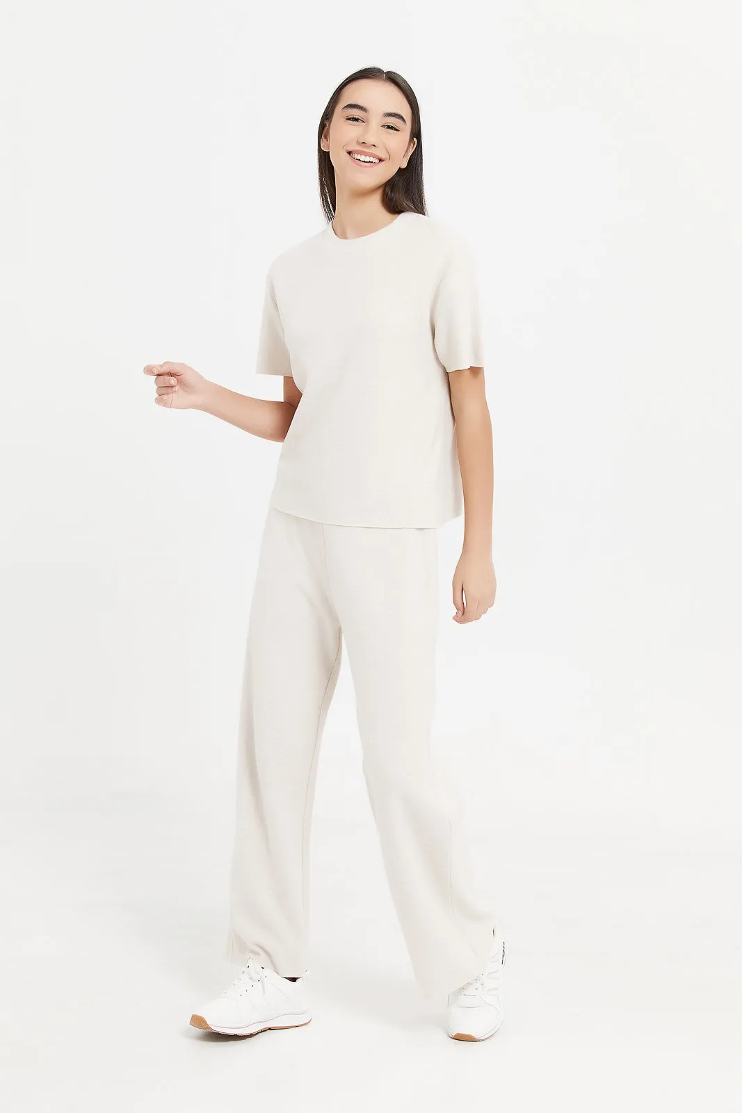 Senior Girls Beige Mélange Brushed Trousers