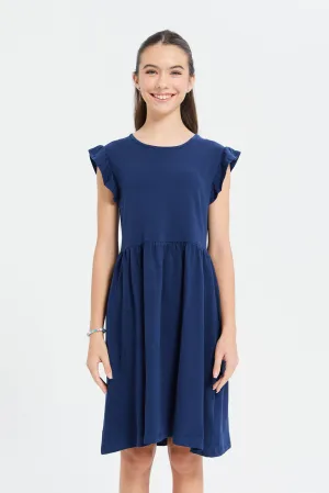 Senior Girls Navy Plain Ruffled Sleeve Dress