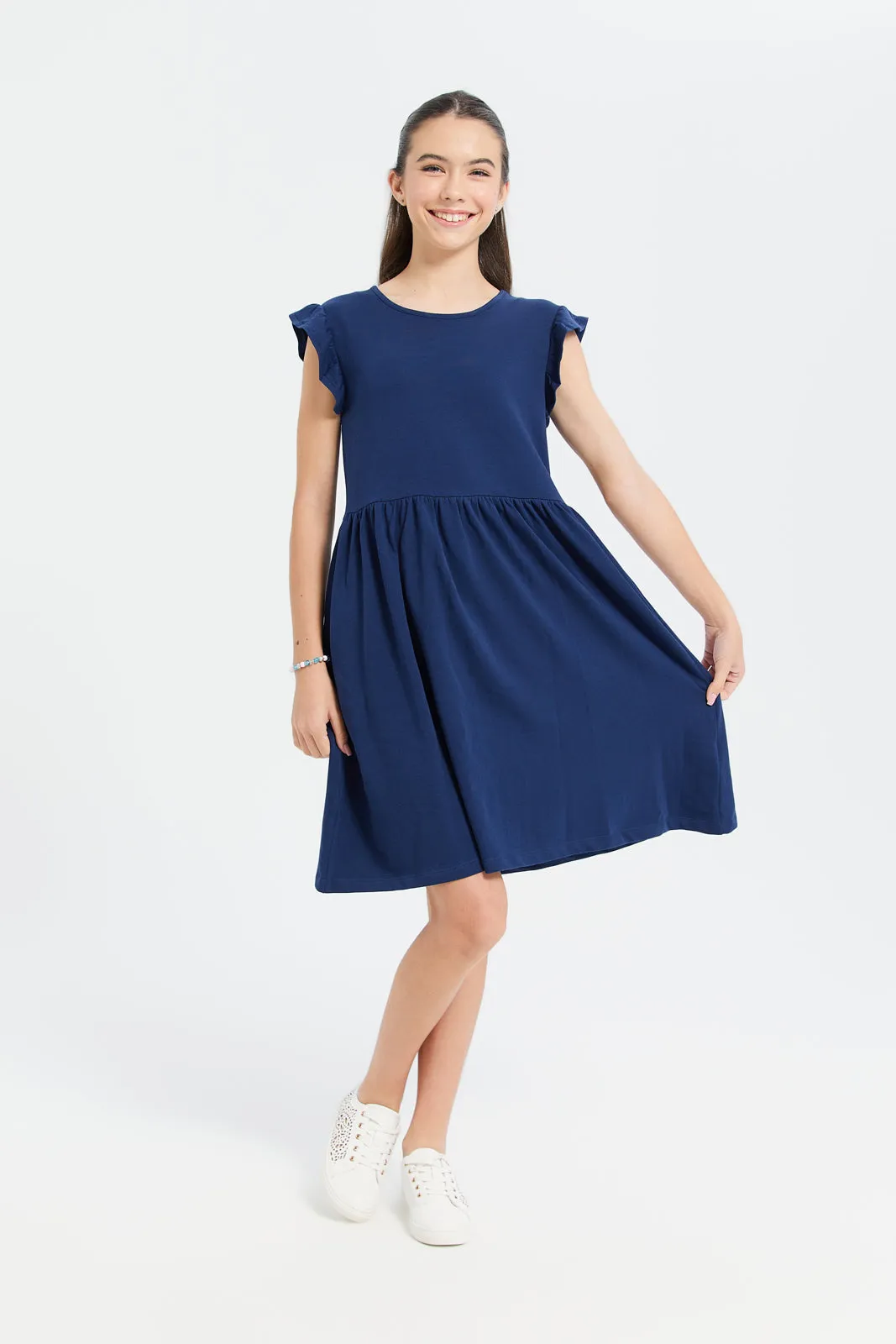 Senior Girls Navy Plain Ruffled Sleeve Dress