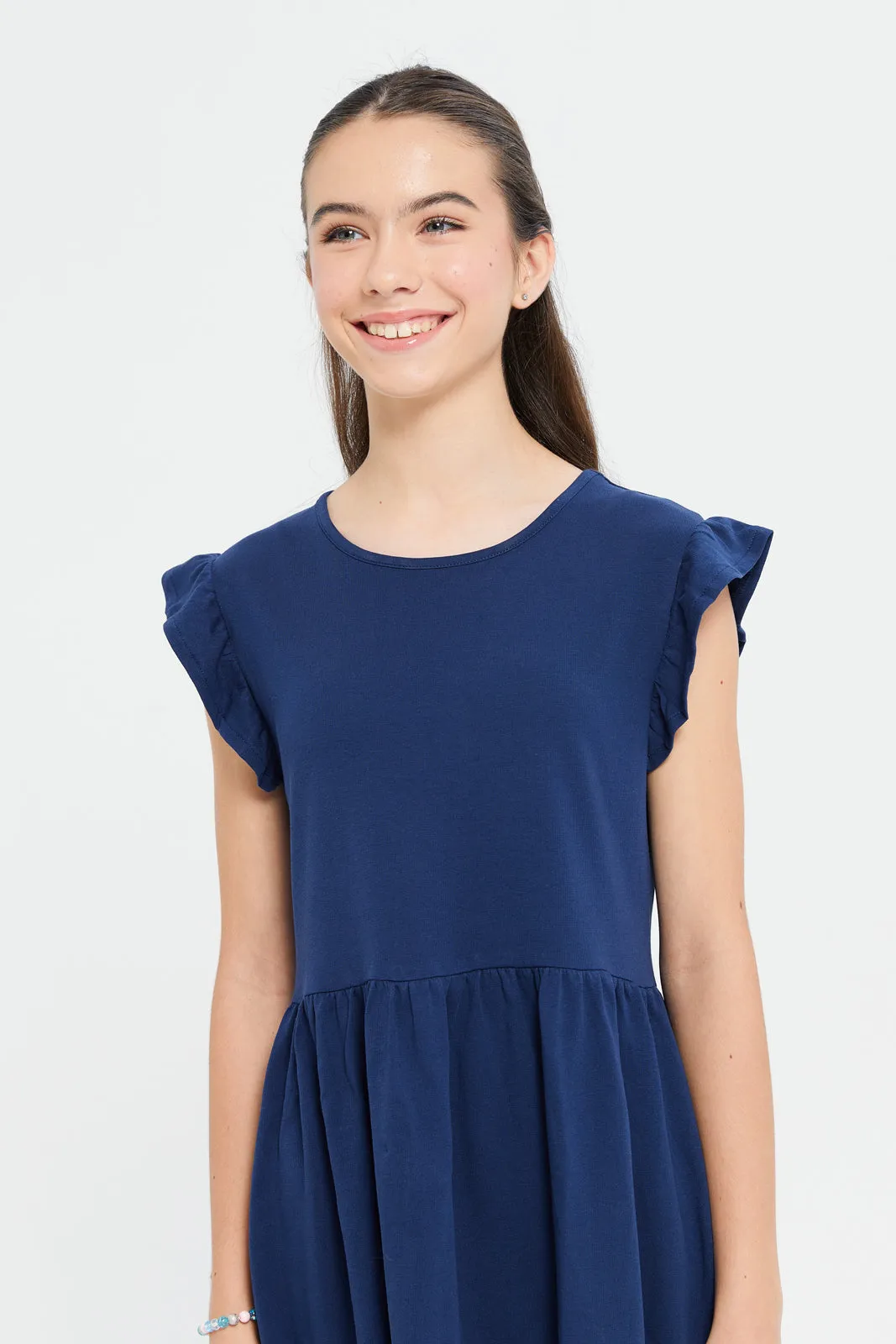 Senior Girls Navy Plain Ruffled Sleeve Dress