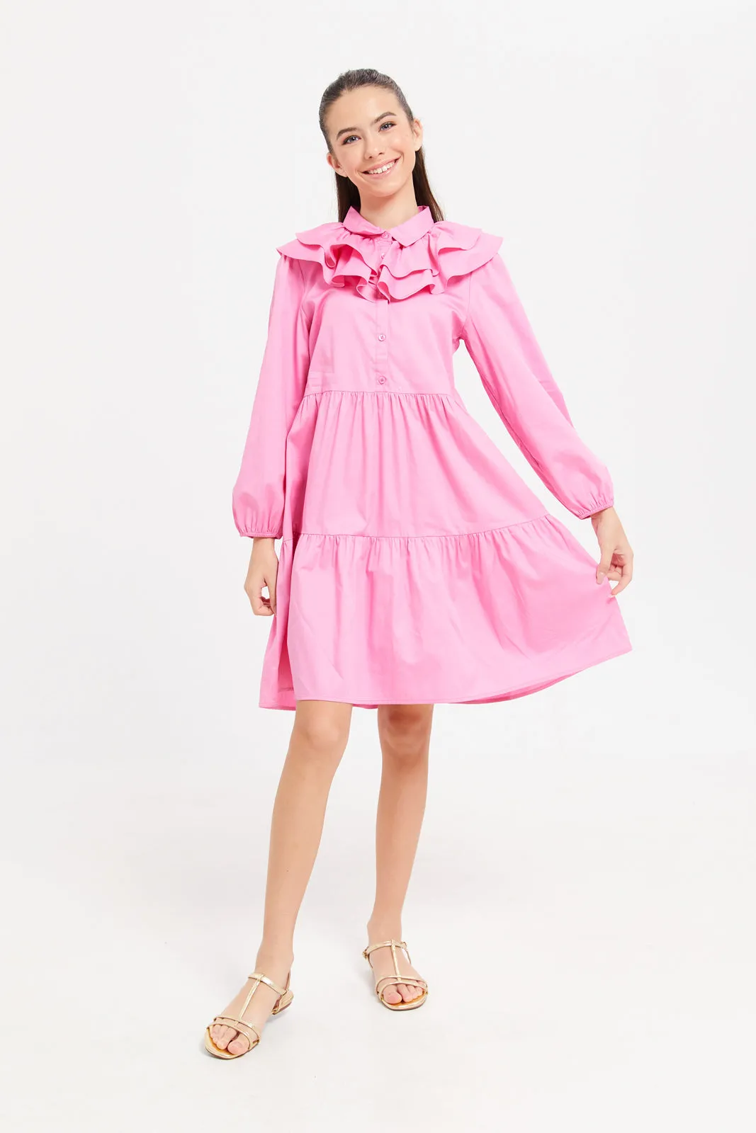 Senior Girls Pink Ruffled Tiered Dress