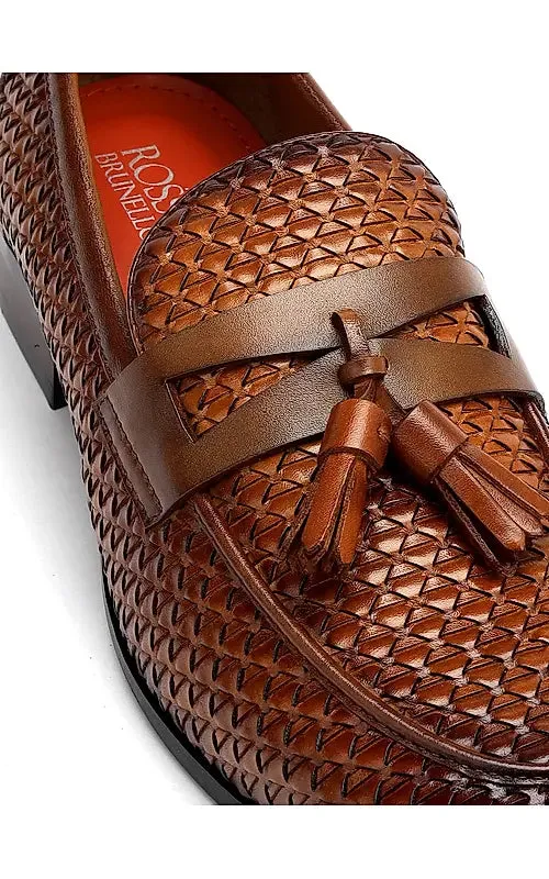 Tan Textured Loafers With Tassels