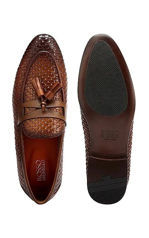 Tan Textured Loafers With Tassels