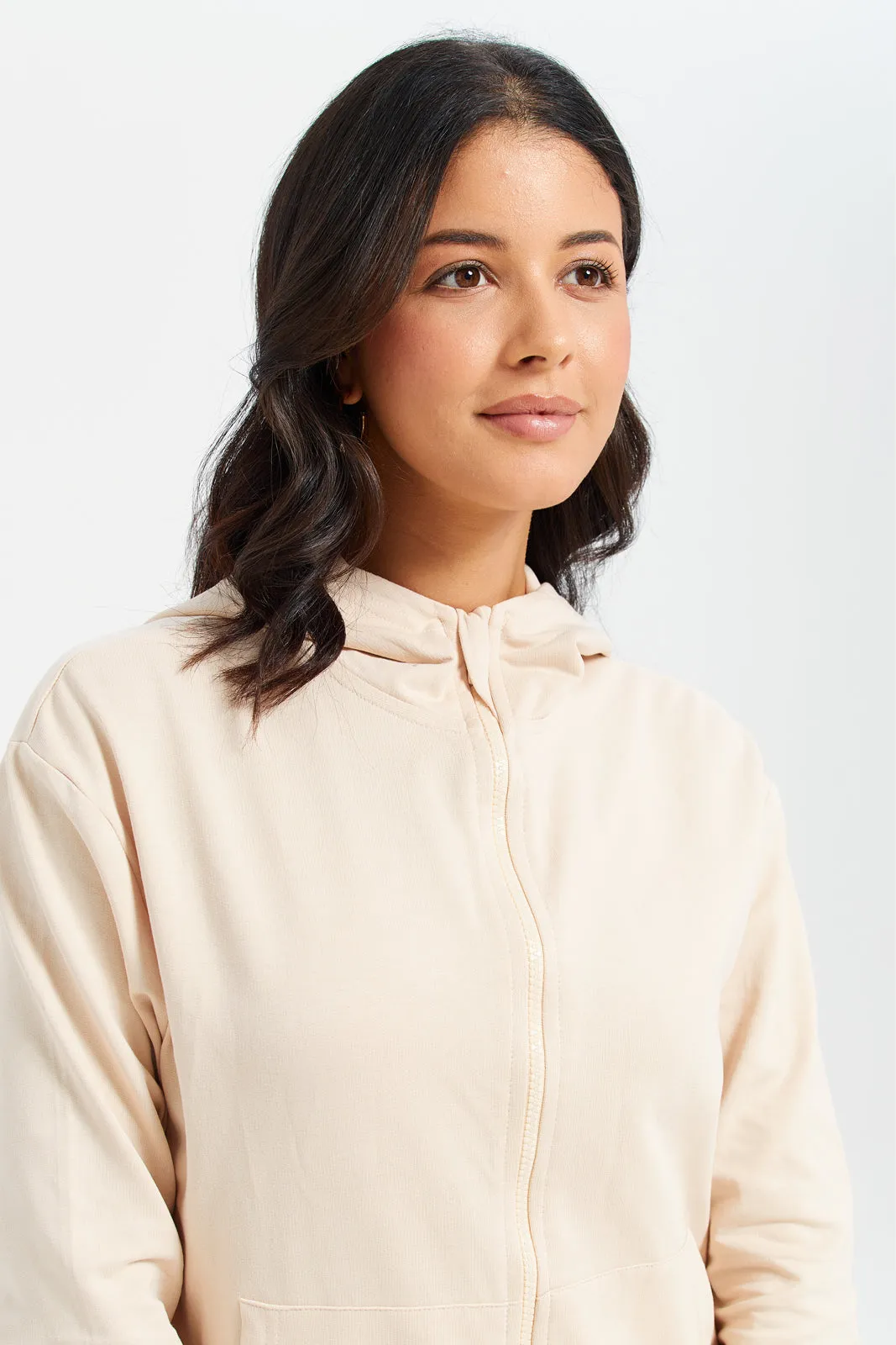 Women Beige Zip Through Hooded Sweatshirt