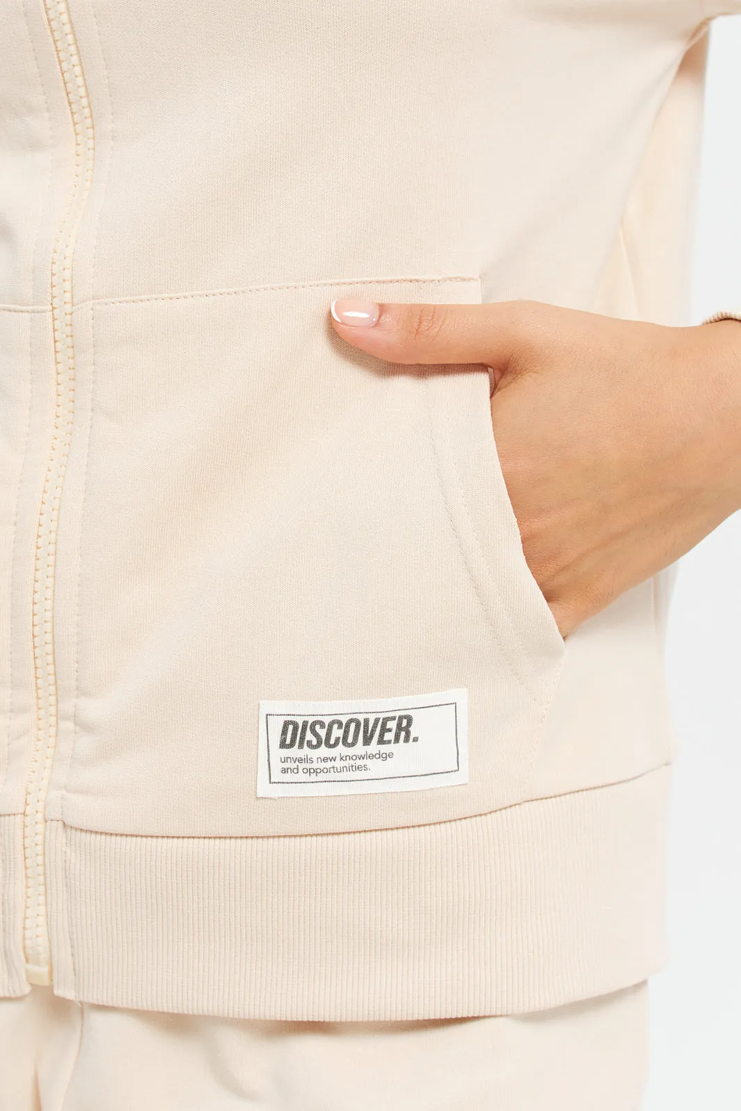 Women Beige Zip Through Hooded Sweatshirt