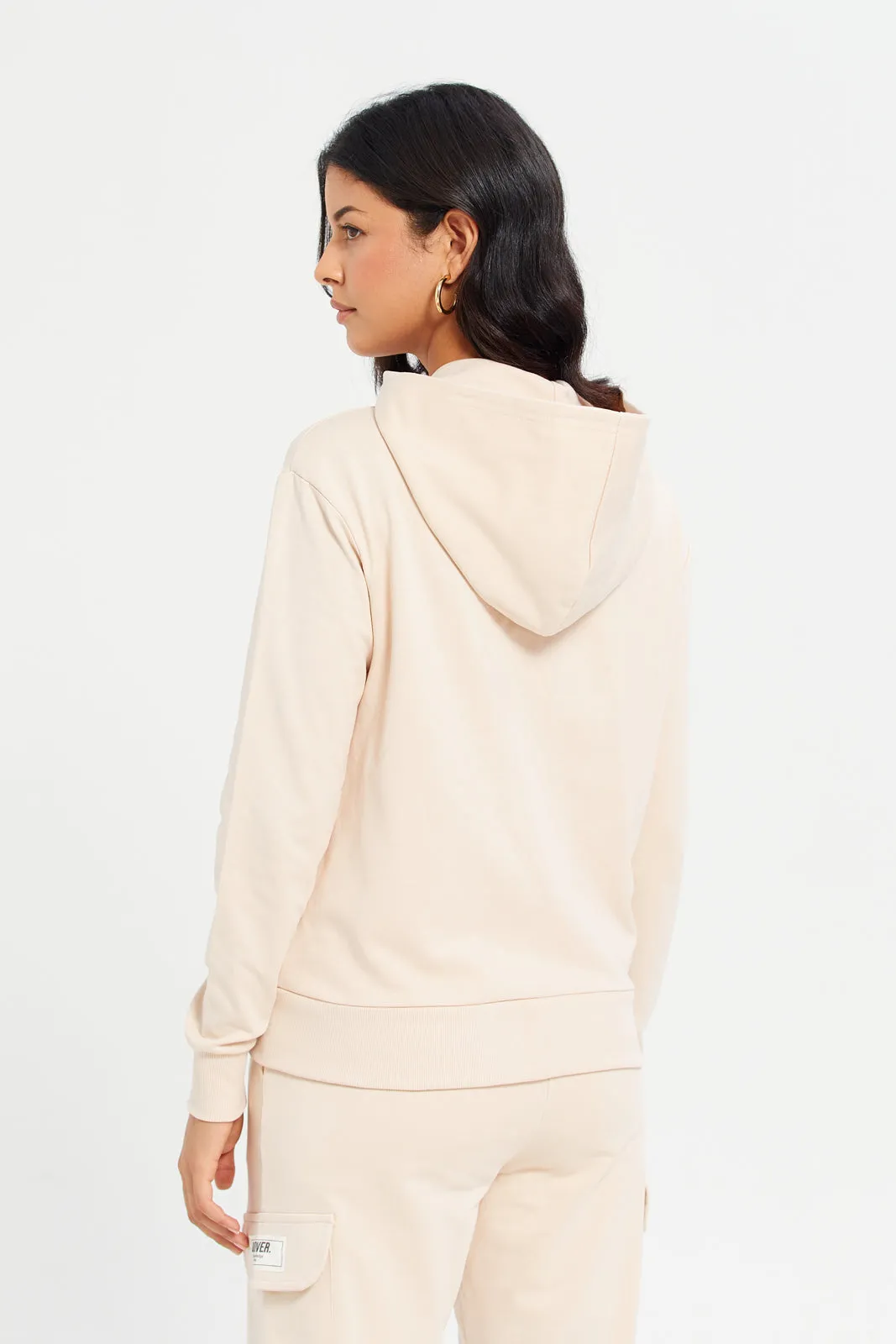 Women Beige Zip Through Hooded Sweatshirt